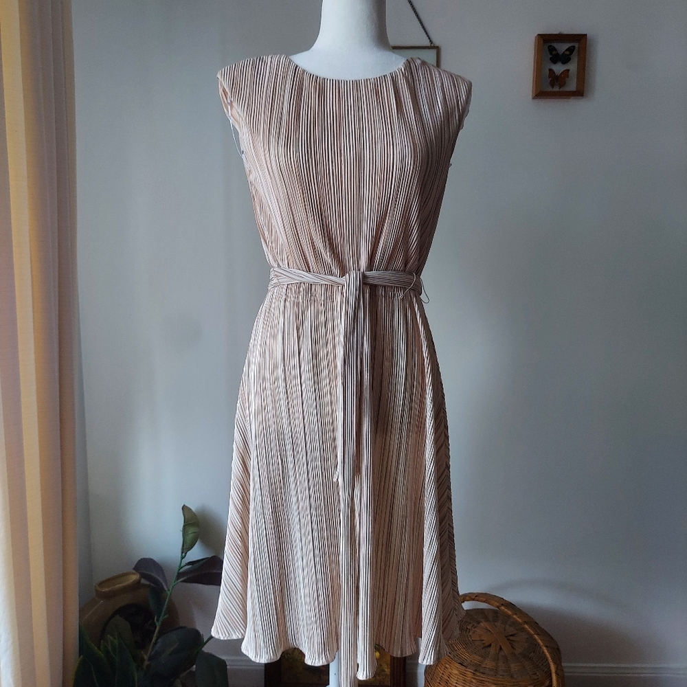 DKNY Elegant Tan Pleated Dress SIZE US 6 With Deattached Tie Cap Sleeves